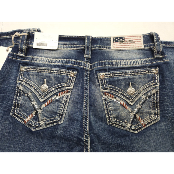 MISS ME Mid Rise Boot Jeans Women's Size 29x30 USA Flag embellished Pockets NWT - Picture 2 of 12